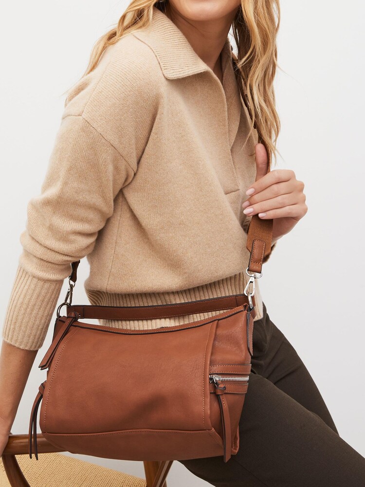 Tan Brown Casual Side Zip Cross-Body Bag - Image 1 of 10