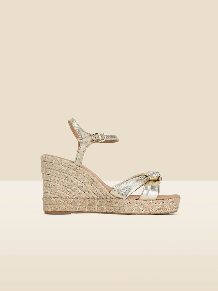 Sosandar Gold Leather Knot Detail Wedge Sandals - Image 1 of 5