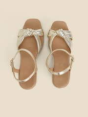 Sosandar Gold Leather Knot Detail Wedge Sandals - Image 3 of 5