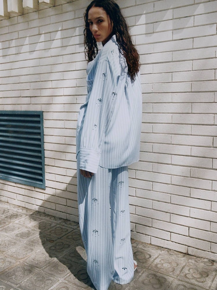 Mango Blue Embellished Pinstripe Straight Leg Drawstring Trousers - Image 2 of 6