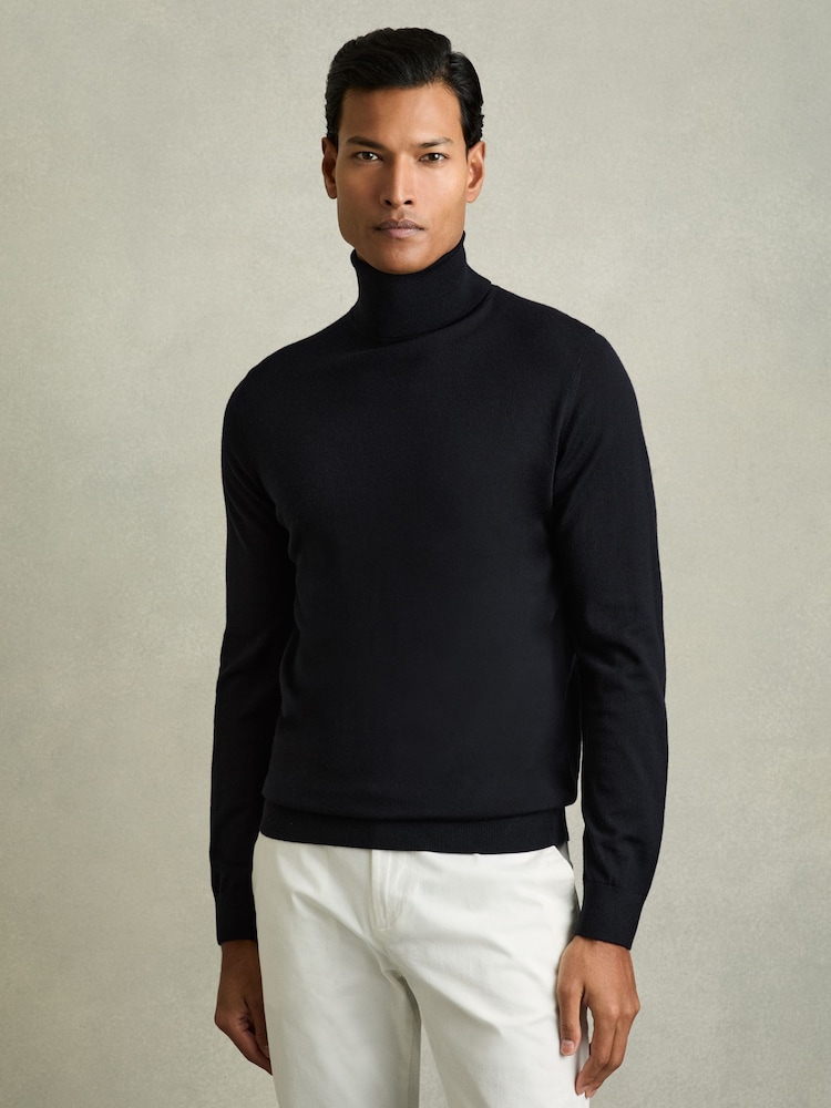 Reiss Navy Caine Slim Fit Merino Wool Roll Neck Jumper - Image 1 of 8
