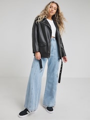 Simply Be Black Oversized Belted Biker Jacket - Image 1 of 4