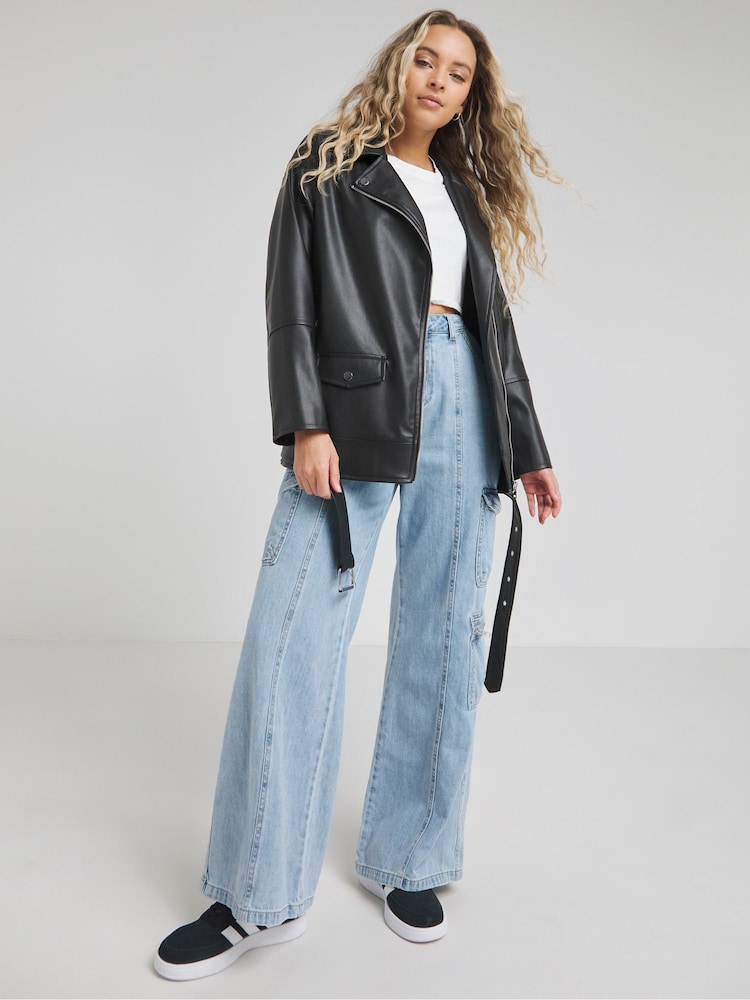 Simply Be Black Oversized Belted Biker Jacket - Image 1 of 4