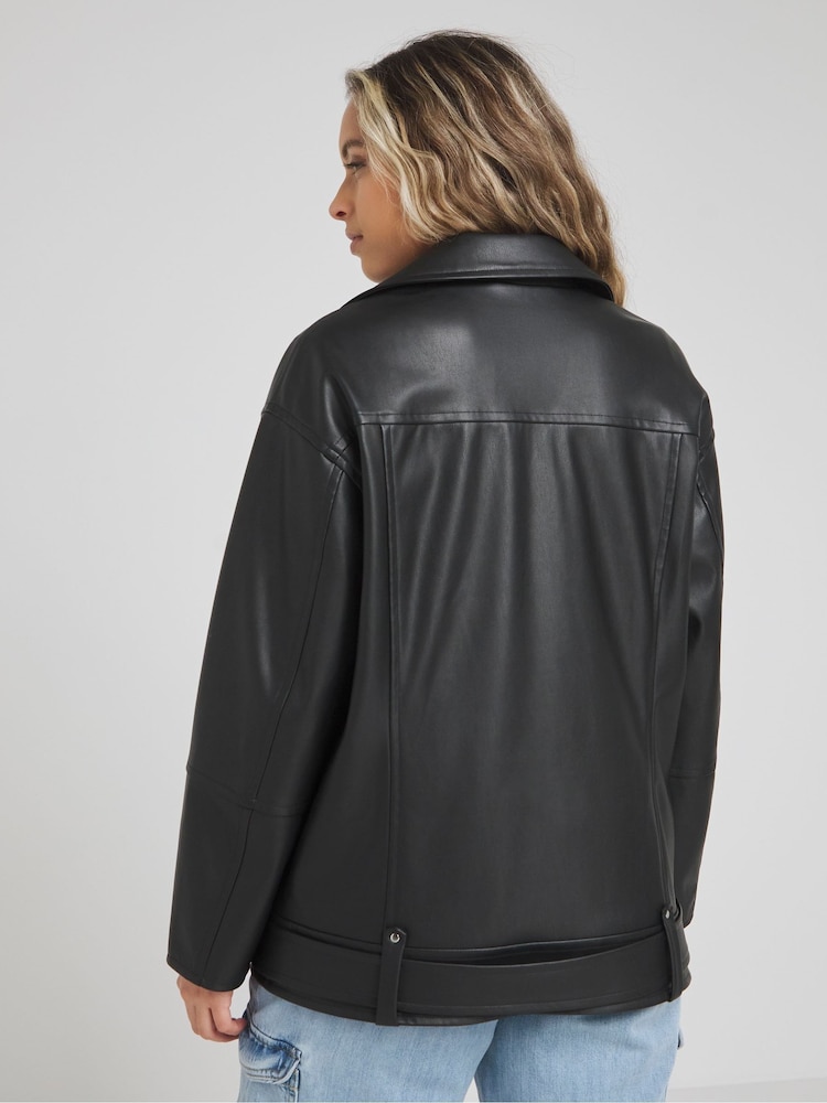 Simply Be Black Oversized Belted Biker Jacket - Image 2 of 4 Simply Be Black Oversized Belted Biker Jacket - Image 2 of 4