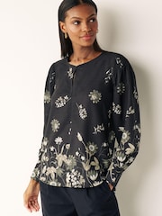 Black Floral Ground Long Sleeve Keyhole Blouse - Image 1 of 6