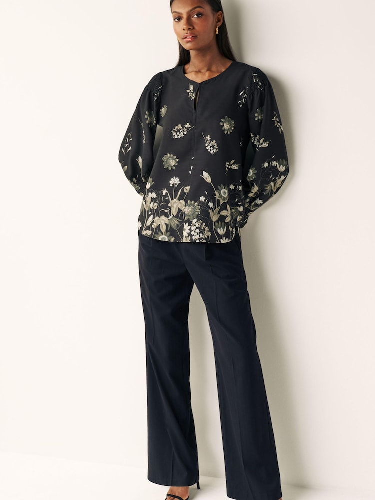 Black Floral Ground Long Sleeve Keyhole Blouse - Image 2 of 6