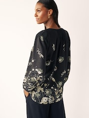 Black Floral Ground Long Sleeve Keyhole Blouse - Image 3 of 6