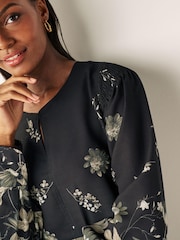 Black Floral Ground Long Sleeve Keyhole Blouse - Image 4 of 6