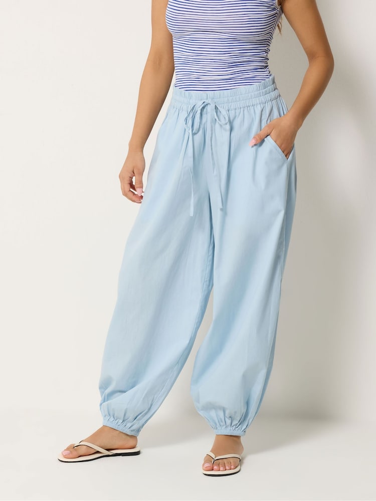 PixieGirl Petite Blue Poplin Cuffed Balloon Pants - Image 2 of 5 PixieGirl Petite Blue Poplin Cuffed Balloon Pants - Image 2 of 5