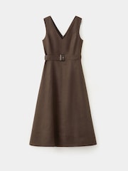 Mango Brown Linen V-Neck Belted Midi Dress - Image 1 of 3