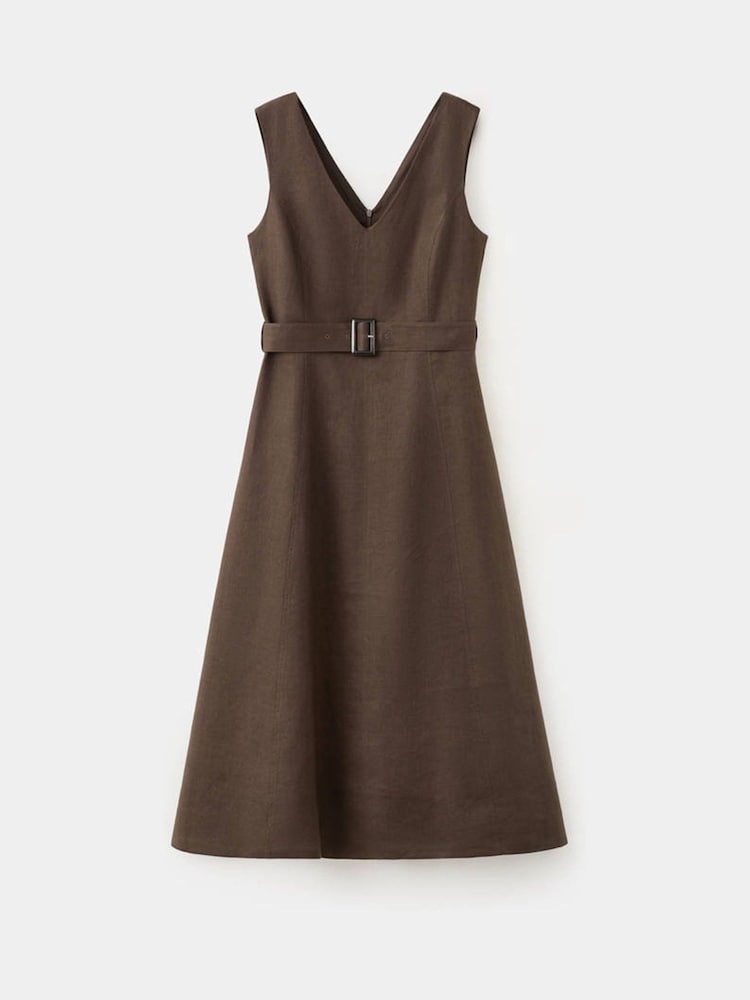 Mango Brown Linen V-Neck Belted Midi Dress - Image 1 of 3