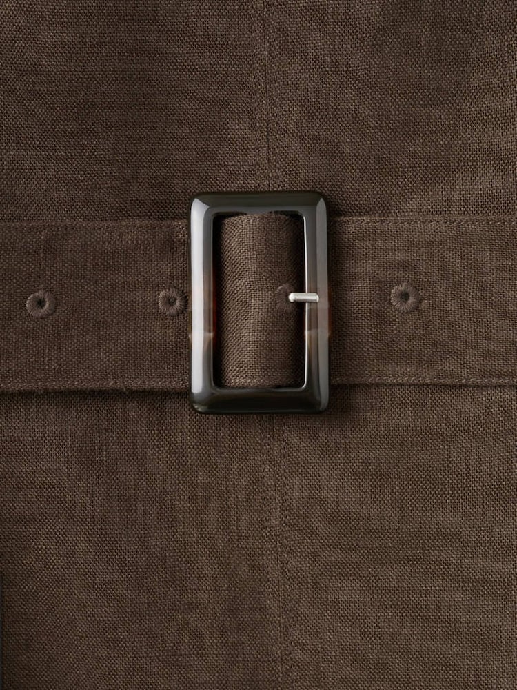 Mango Brown Linen V-Neck Belted Midi Dress - Image 2 of 3