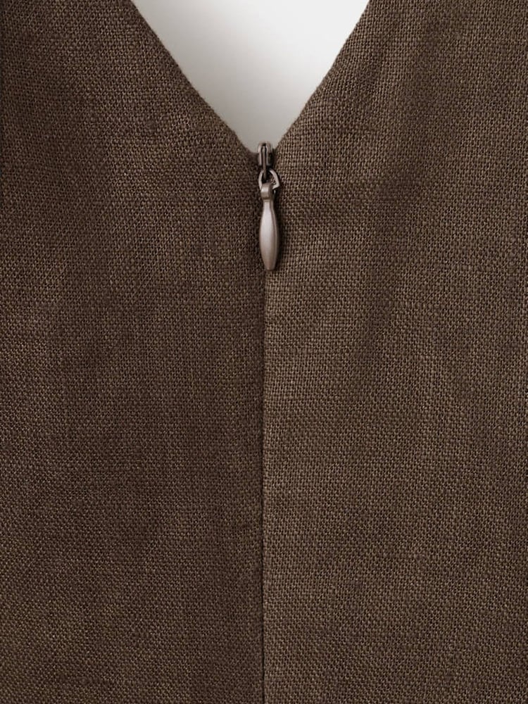 Mango Brown Linen V-Neck Belted Midi Dress - Image 3 of 3