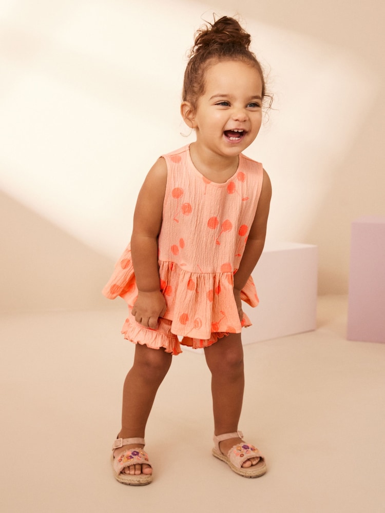 Orange Spot Textured Sleeveless Peplum Top and Shorts Set (3mths-7yrs) - Image 1 of 8 Orange Spot Textured Sleeveless Peplum Top and Shorts Set (3mths-7yrs) - Image 1 of 8