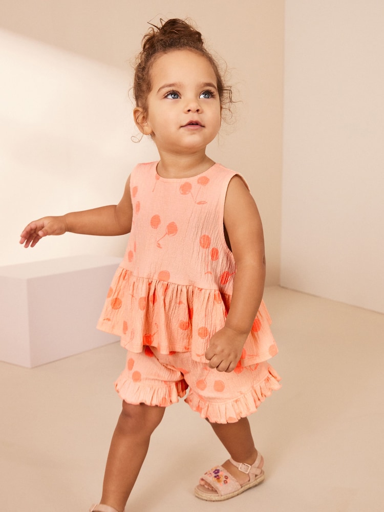 Orange Spot Textured Sleeveless Peplum Top and Shorts Set (3mths-7yrs) - Image 2 of 8 Orange Spot Textured Sleeveless Peplum Top and Shorts Set (3mths-7yrs) - Image 2 of 8