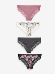 Black/Grey/Cream/Pink Printed Bikini Cotton and Lace Knickers 4 Pack - Image 1 of 6