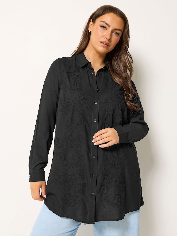 Yours Curve Black Embroidered Placket Long Sleeve Shirt - Image 1 of 5
