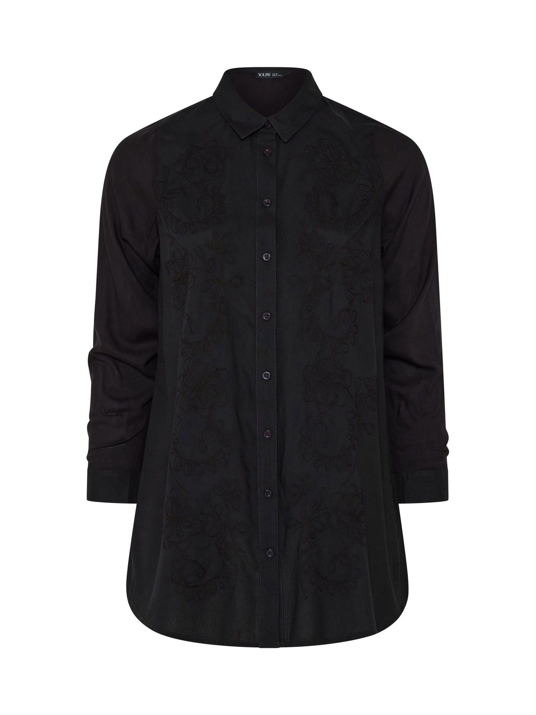 Buy Yours Curve Black Embroidered Placket Long Sleeve Shirt from