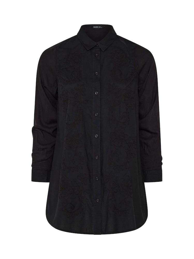 Yours Curve Black Embroidered Placket Long Sleeve Shirt - Image 5 of 5