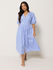 PixieGirl Petite Blue Stripe Short Sleeve Midi Dress - Image 2 of 5