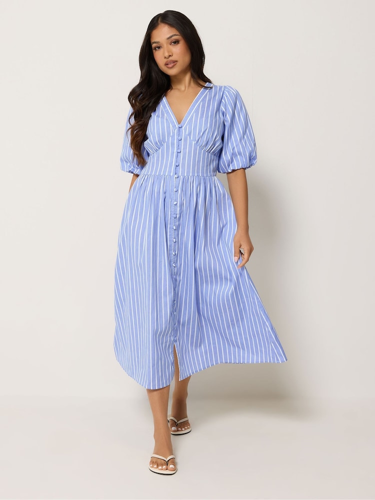 PixieGirl Petite Blue Stripe Short Sleeve Midi Dress - Image 2 of 5