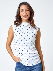 Roman Blue Polka Dot Ruched Stretch Tank Top - Image 1 of 5