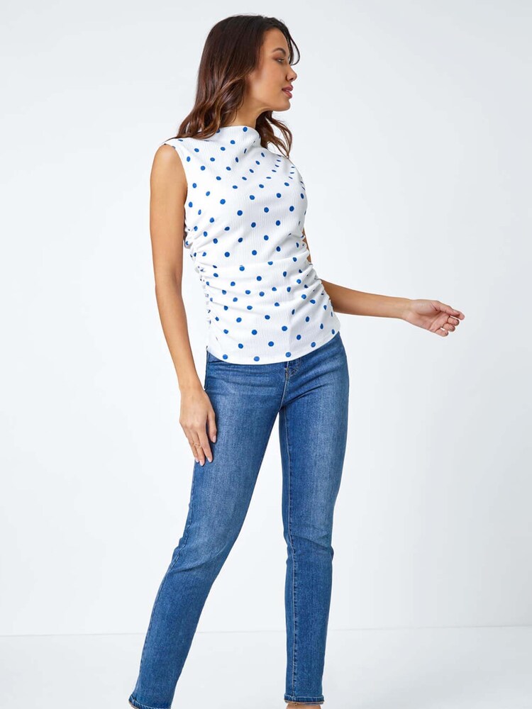Roman Blue Polka Dot Ruched Stretch Tank Top - Image 2 of 5