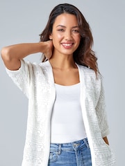 Roman White Stitch Detail Knit 100% Cotton Cardigan - Image 1 of 5