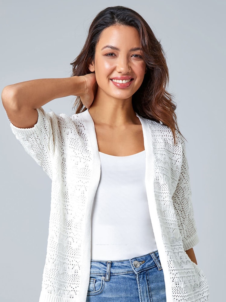 Roman White Stitch Detail Knit 100% Cotton Cardigan - Image 1 of 5