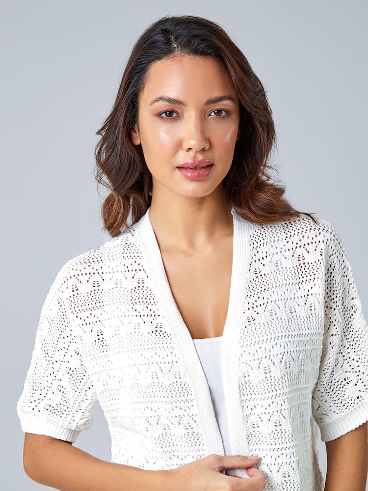 Roman White Stitch Detail Knit 100% Cotton Cardigan - Image 4 of 5