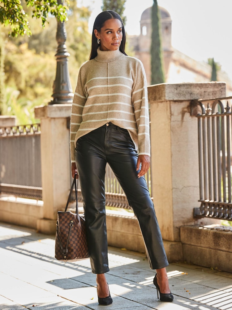 Sosandar Brown Stripe Roll Neck Jumper - Image 1 of 5