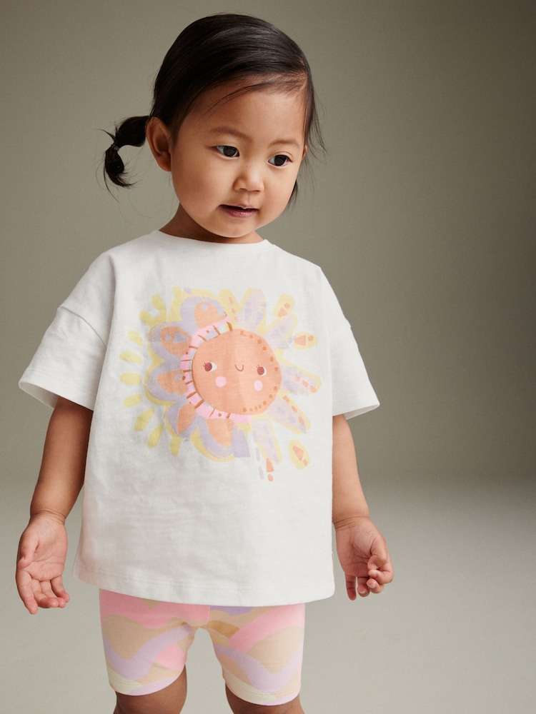 Pink/White Rainbow Sun 100% Cotton Short Sleeve Top and Cycle Shorts Set (3mths-7yrs) - Image 1 of 7