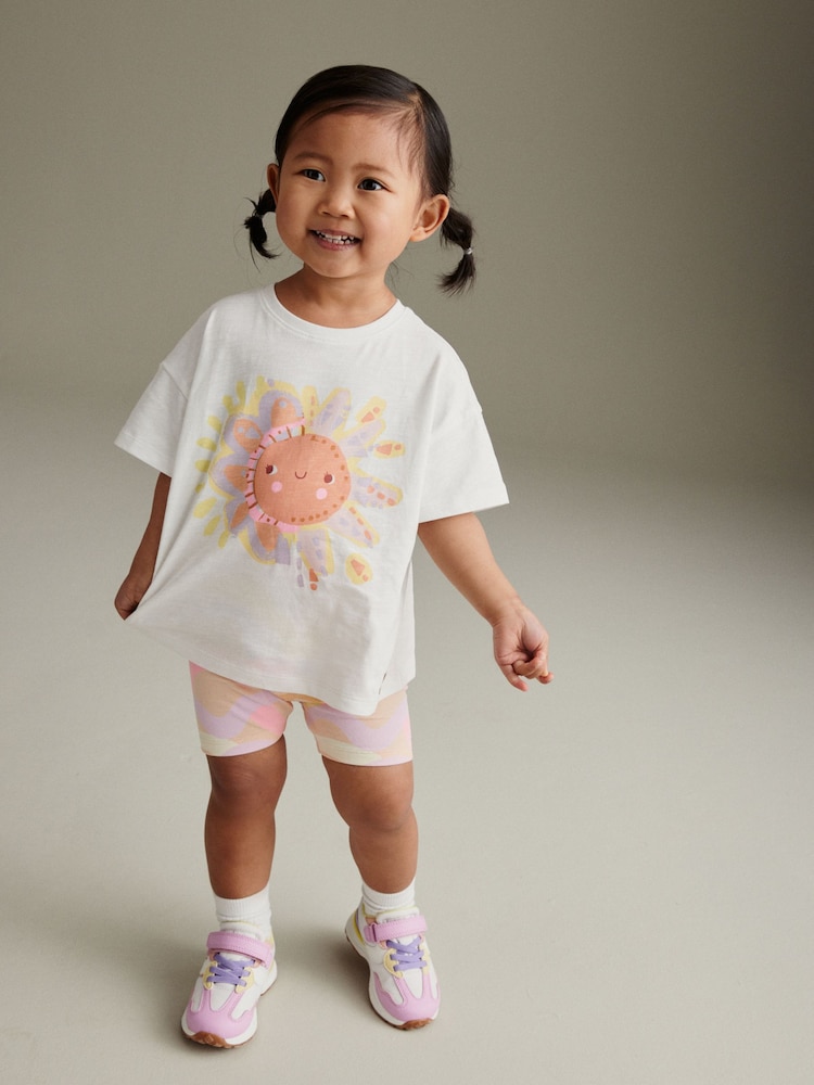 Pink/White Rainbow Sun 100% Cotton Short Sleeve Top and Cycle Shorts Set (3mths-7yrs) - Image 2 of 7 Pink/White Rainbow Sun 100% Cotton Short Sleeve Top and Cycle Shorts Set (3mths-7yrs) - Image 2 of 7