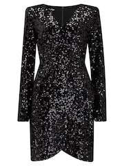 Pour Moi Black Whitney Velvet Sequin V Neck Mini Dress - Image 3 of 4
