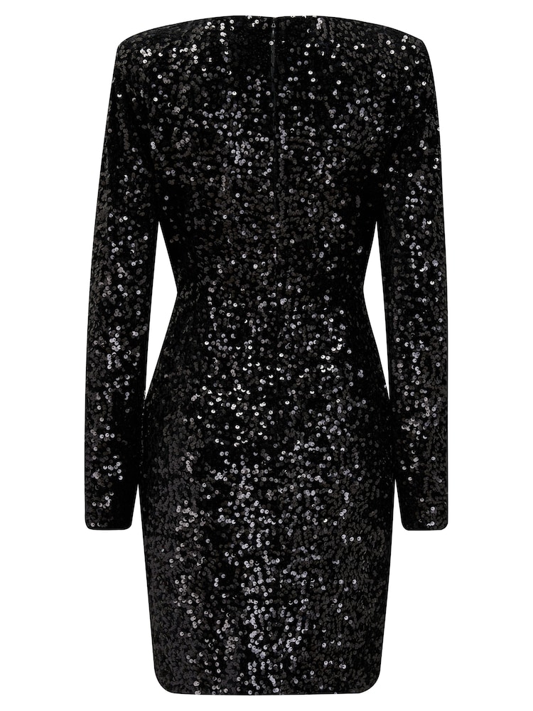 Pour Moi Black Whitney Velvet Sequin V Neck Mini Dress - Image 4 of 4