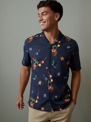 Navy Blue Rudolph Christmas Print Shirt - Image 1 of 7