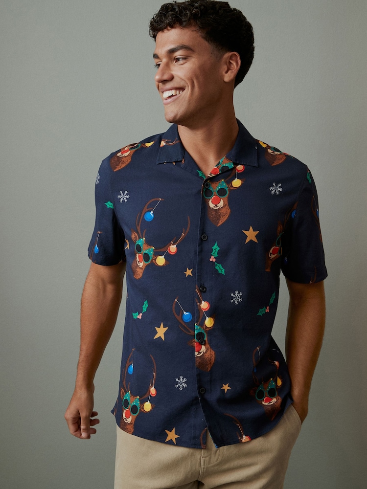 Navy Blue Rudolph Christmas Print Shirt - Image 1 of 7