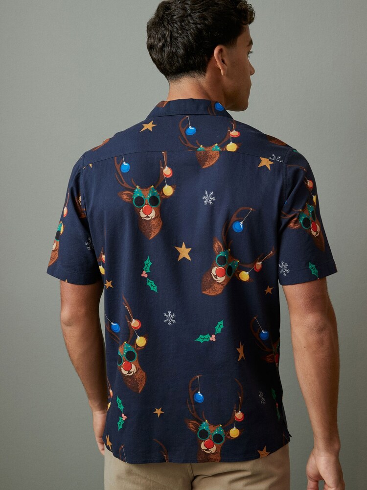 Navy Blue Rudolph Christmas Print Shirt - Image 3 of 7