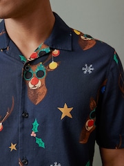 Navy Blue Rudolph Christmas Print Shirt - Image 4 of 7