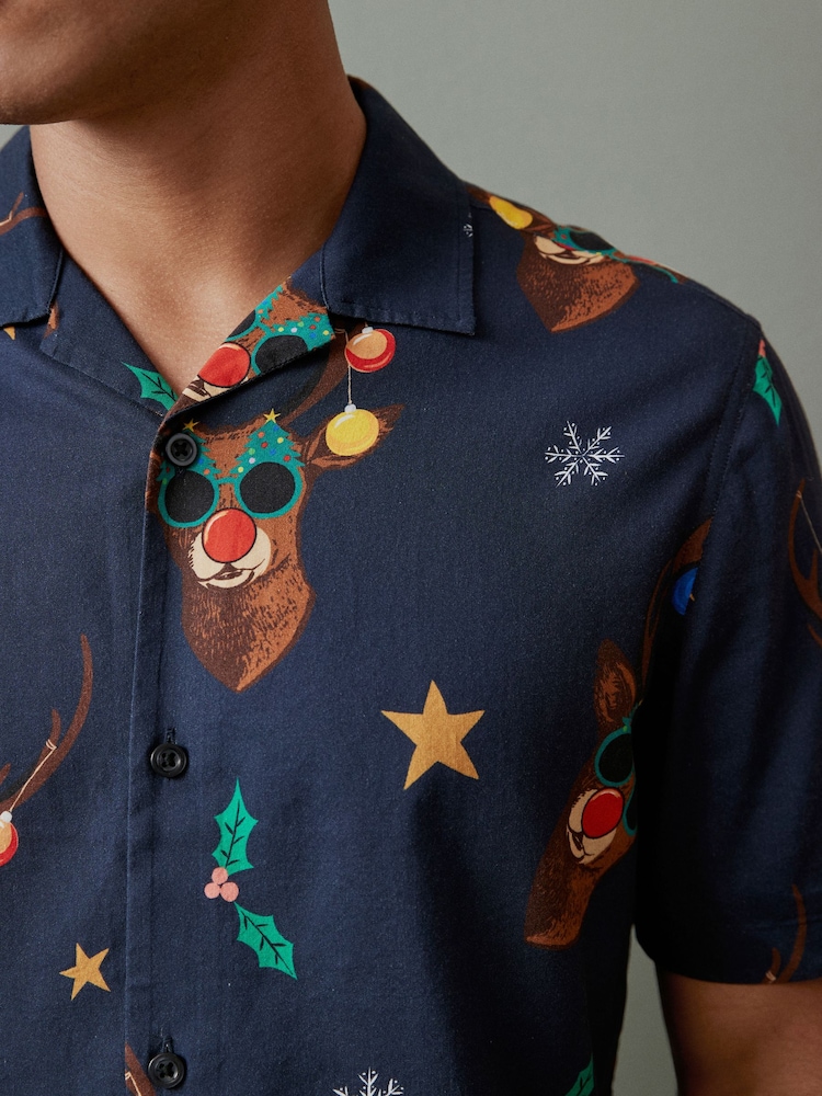 Navy Blue Rudolph Christmas Print Shirt - Image 4 of 7