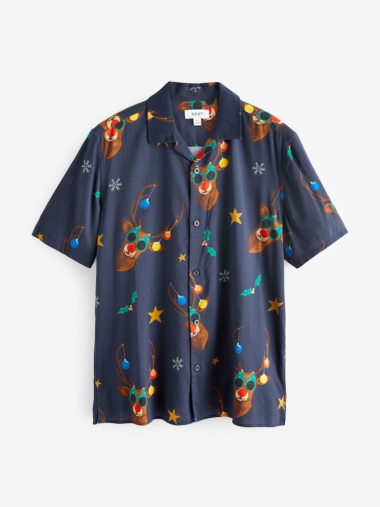 Navy Blue Rudolph Christmas Print Shirt - Image 5 of 7