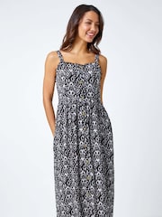 Roman Black Roman Sleeveless Boho Print Midi Sun Dress - Image 1 of 5