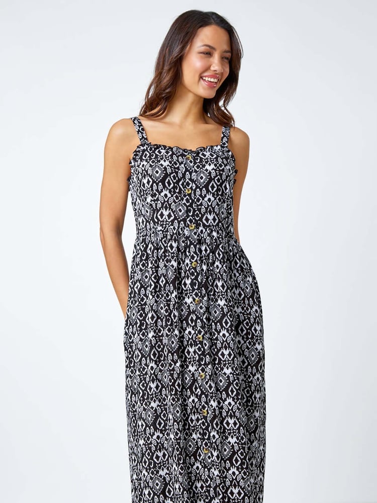 Roman Black Roman Sleeveless Boho Print Midi Sun Dress - Image 1 of 5