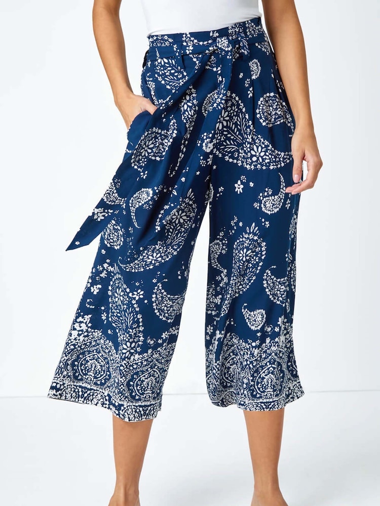 Roman Blue Paisley Print Wide Leg Cropped Trousers - Image 1 of 5