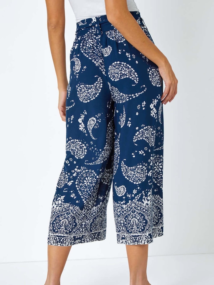 Roman Blue Paisley Print Wide Leg Cropped Trousers - Image 2 of 5