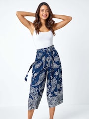Roman Blue Paisley Print Wide Leg Cropped Trousers - Image 3 of 5