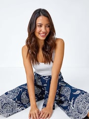 Roman Blue Paisley Print Wide Leg Cropped Trousers - Image 4 of 5
