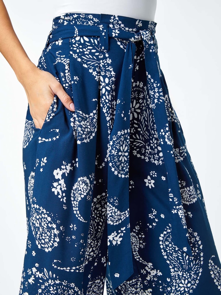 Roman Blue Paisley Print Wide Leg Cropped Trousers - Image 5 of 5