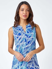 Roman Blue Textured Spot Print Sleeveless Stretch Top - Image 1 of 5