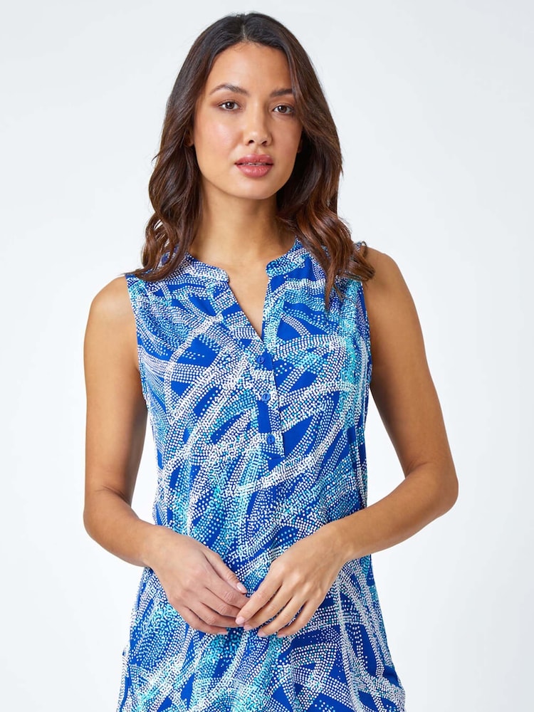 Roman Blue Textured Spot Print Sleeveless Stretch Top - Image 1 of 5